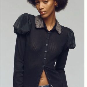 Maeve Black Button Down Shirt with Embellished Collar